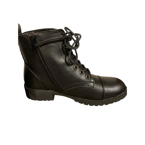Womens Black Ankle Combat Boots With Lace-Up & Side Zipper Closure Synthetic Lea - Picture 3 of 7